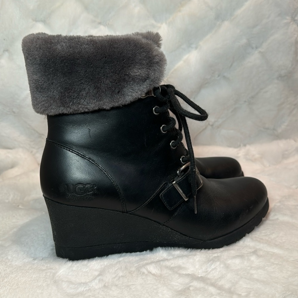 UGG Waterproof Leather Cuff Wedge Lace-up Short Boots